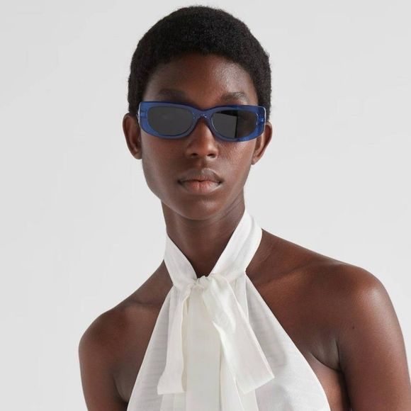 Prada PR14YS 18M5S0 Sunglasses Crystal Electric Blue Grey Rectangle Unisex - Picture 3 of 12